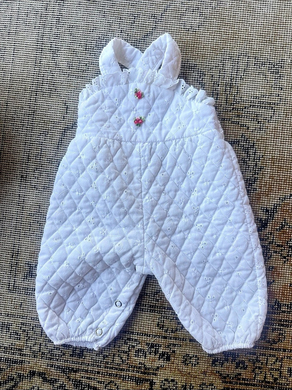 Vintage Quilted Floral Romper White Baby 3-6M